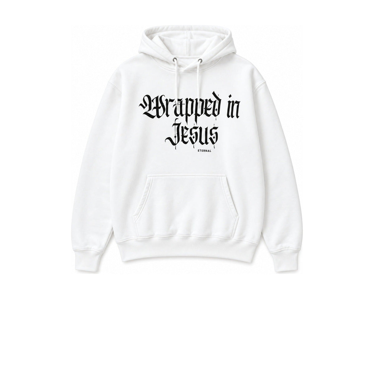 White Wrapped In Jesus hoodie with Gothic script logo