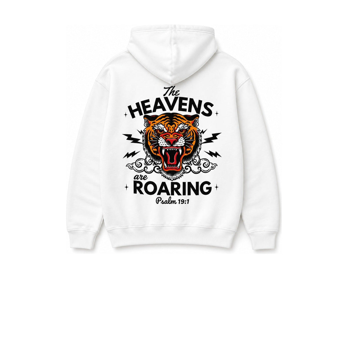 White Christian hoodie with The Heavens Are Roaring tiger graphic and Psalm 19:1 by Wrapped In Jesus