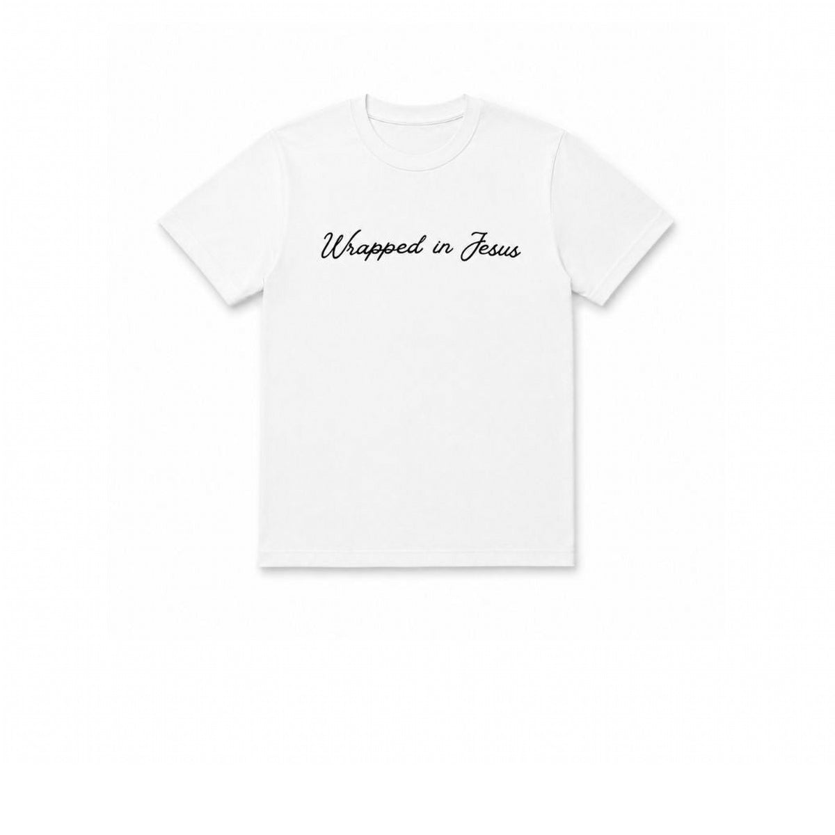 White Christian t-shirt with Wrapped In Jesus script logo