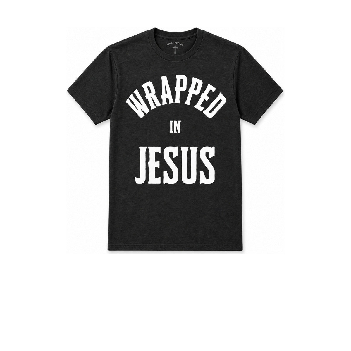 Black Bold Faith Christian t-shirt with large Wrapped In Jesus logo