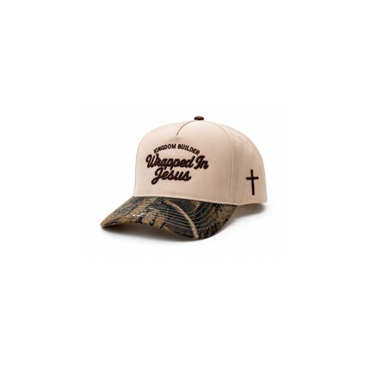 Tan and camo Kingdom Builder hat with embroidered cross, side angle