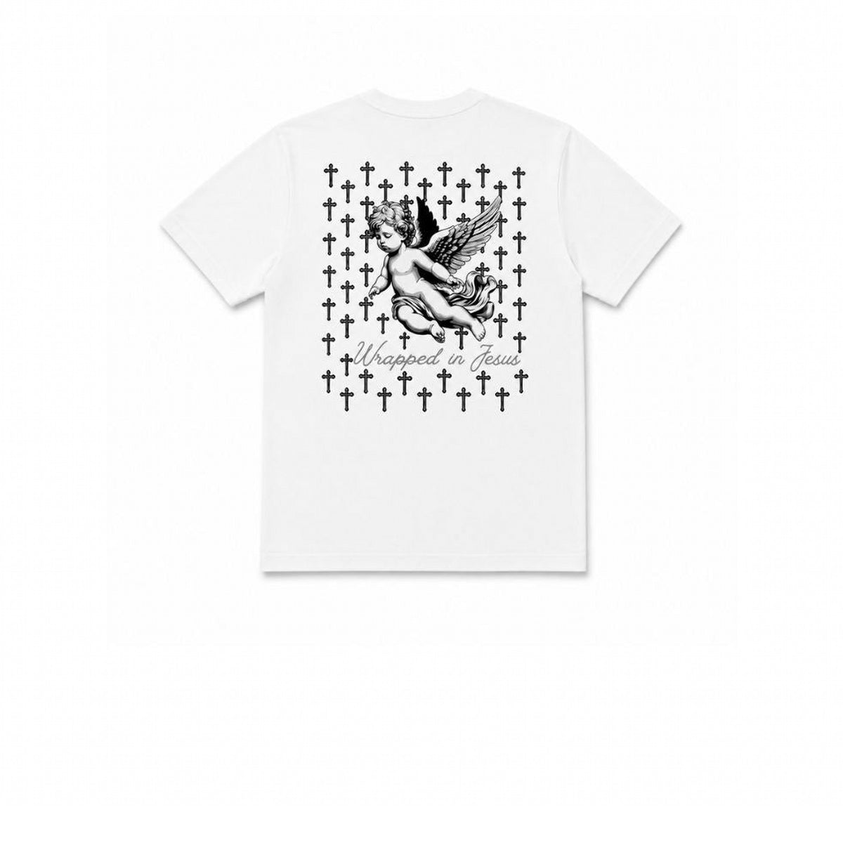 White Angel tee with praying angel and cross pattern graphic