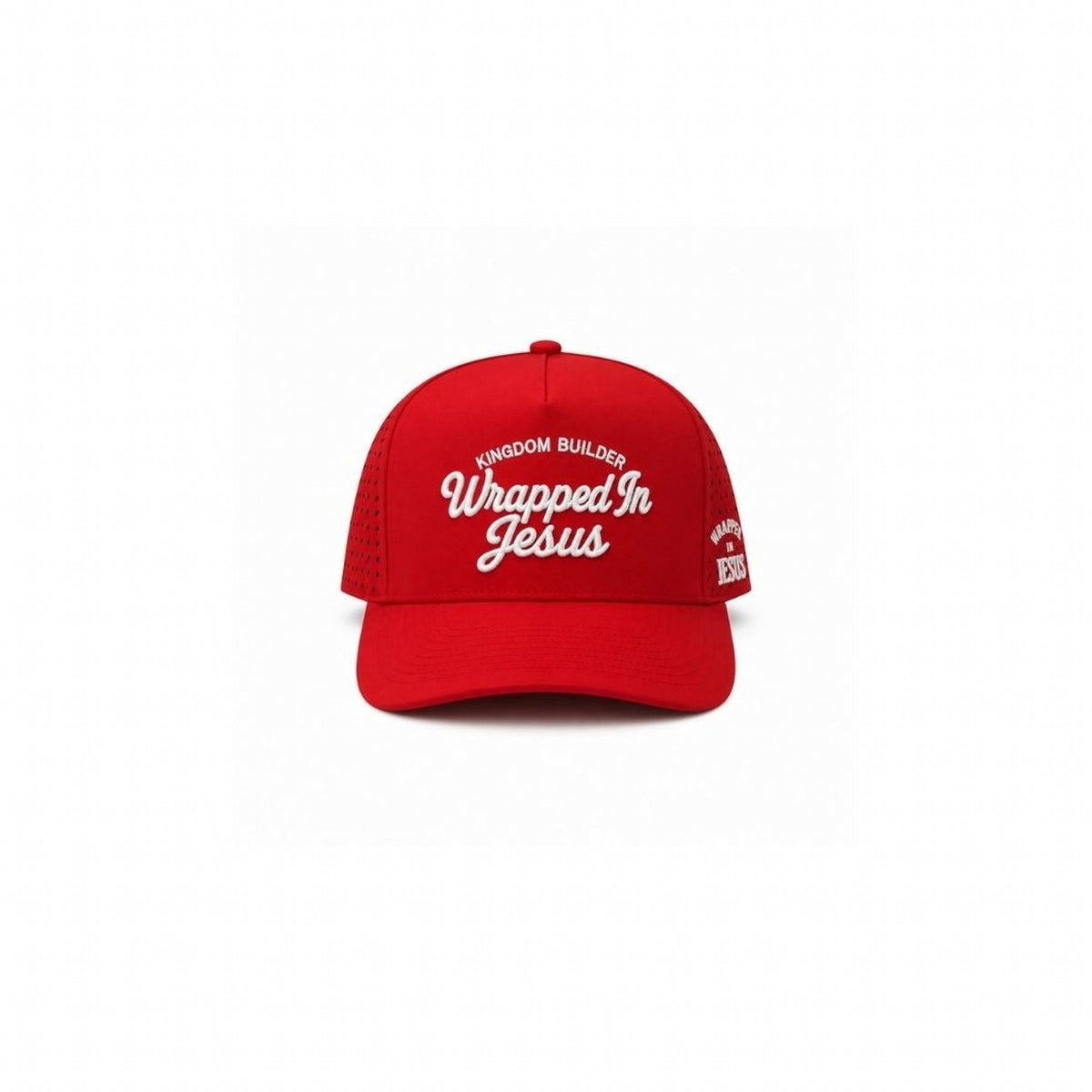 Red Kingdom Builder performance hat with raised white Wrapped In Jesus embroidery