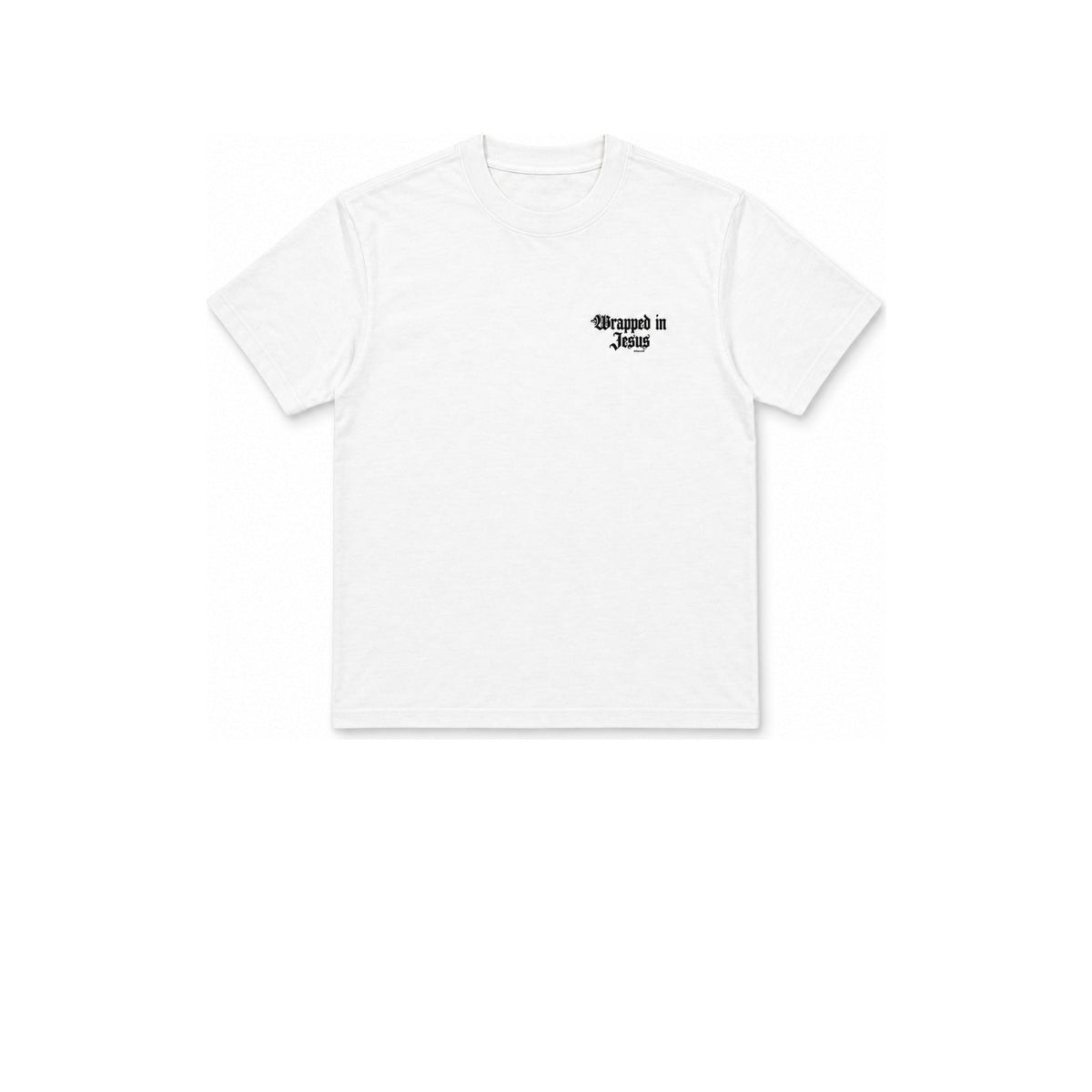 White Sacred Heart Christian t-shirt with small Wrapped In Jesus chest logo