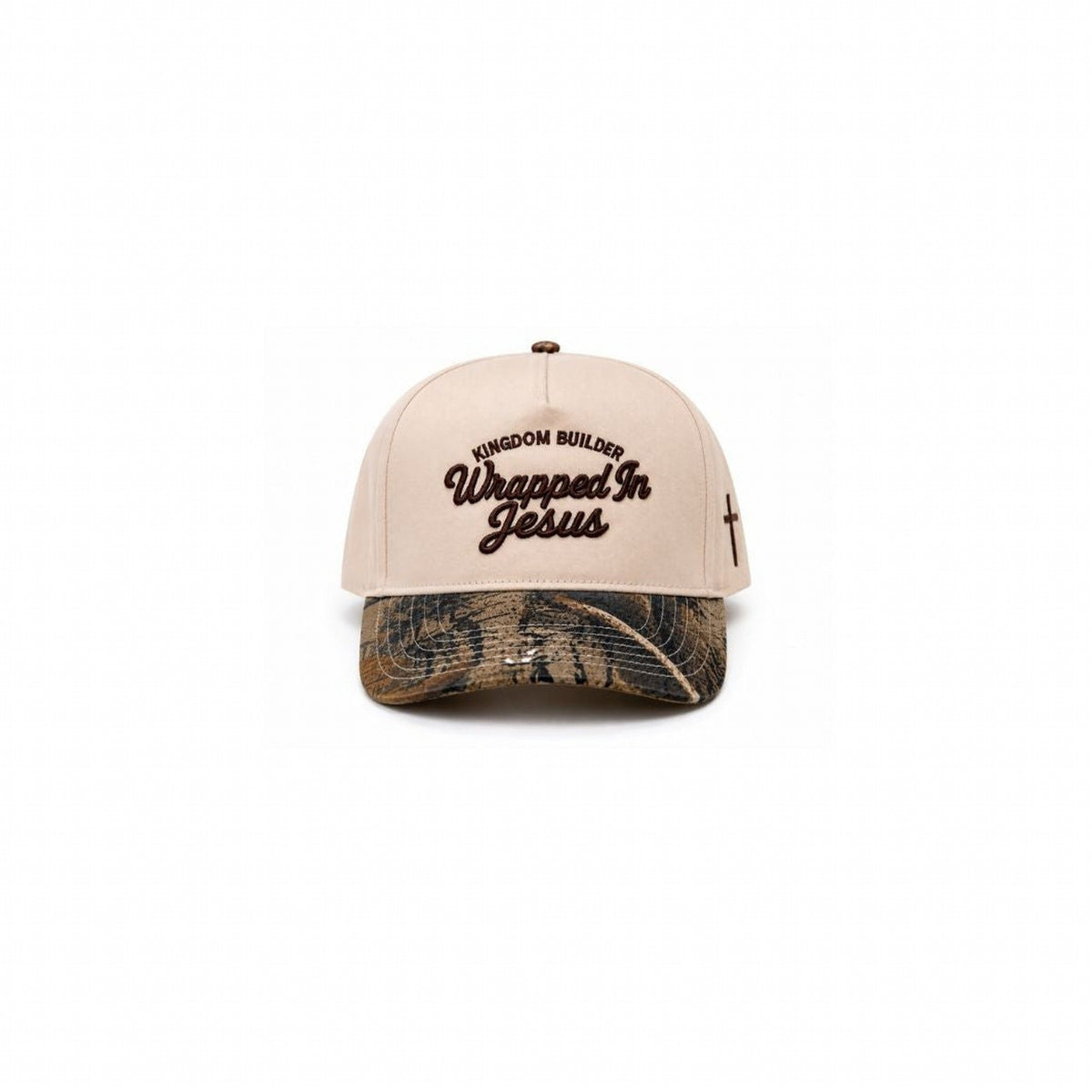 Tan Kingdom Builder Christian hat with camo brim and Wrapped In Jesus embroidery