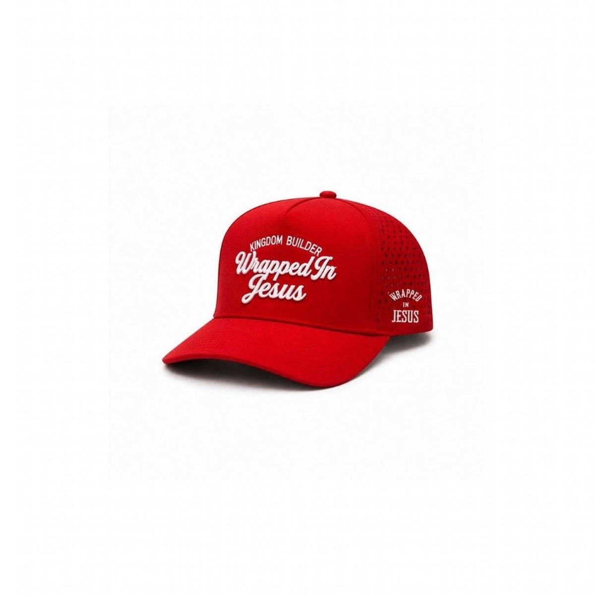 Red Kingdom Builder Christian hat, angled view