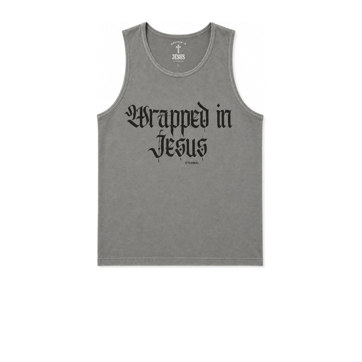 Gray Christian tank top with Wrapped In Jesus Gothic logo
