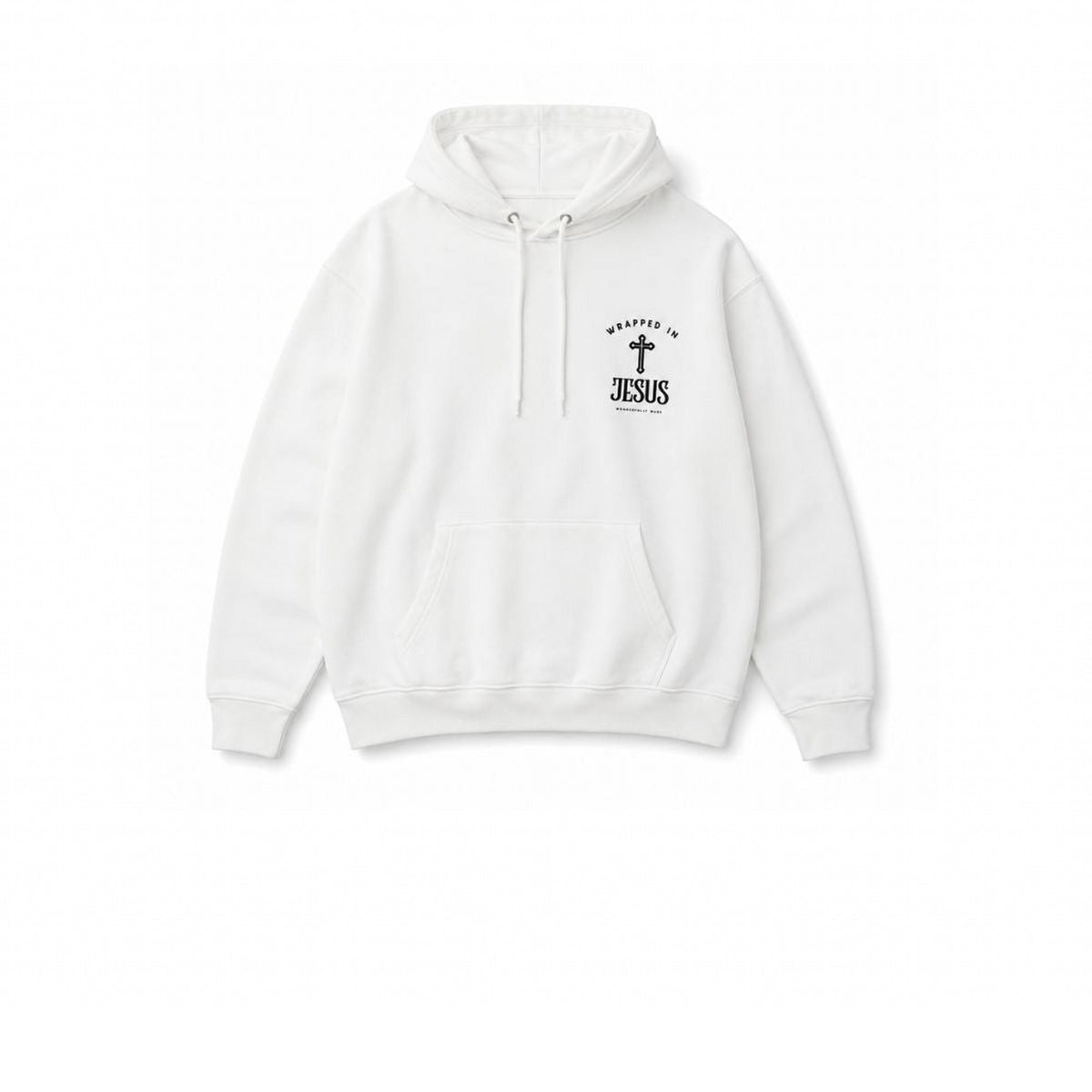White Angel hoodie with small Wrapped In Jesus chest logo