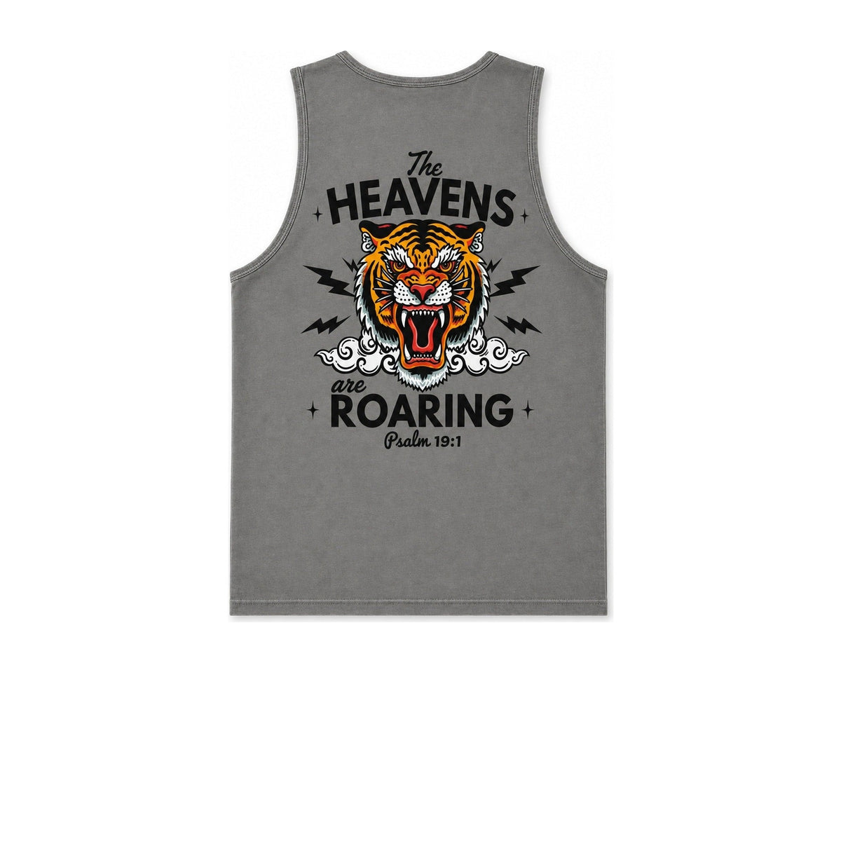 Gray The Heavens Are Roaring tank top with tiger graphic, Psalm 19:1