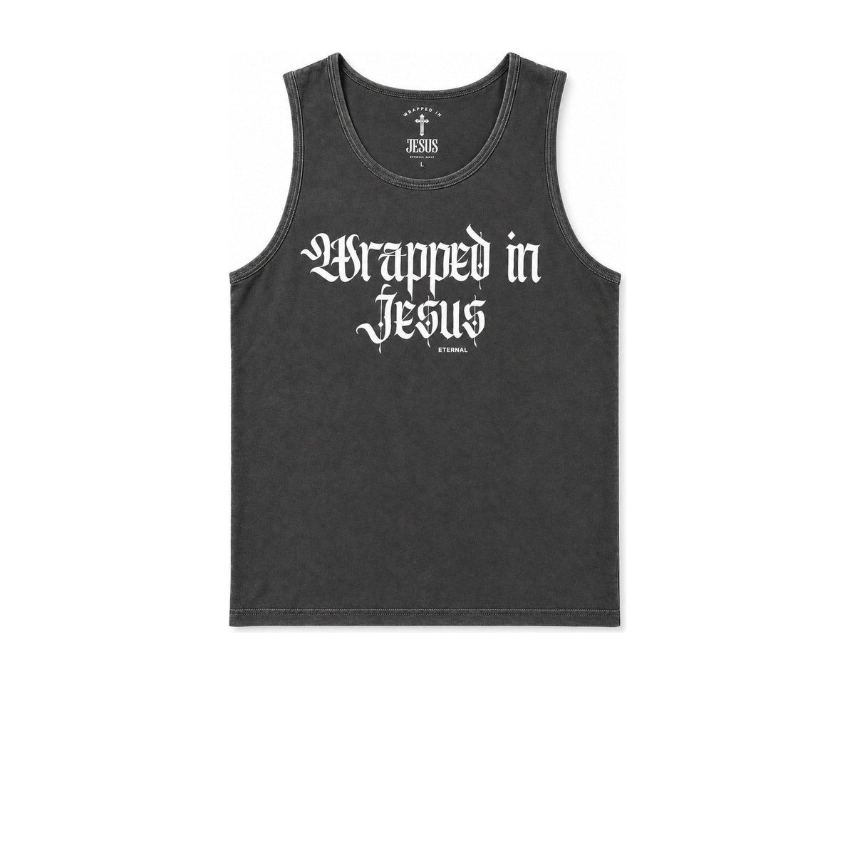 Dark gray Christian tank top with Wrapped In Jesus Gothic logo