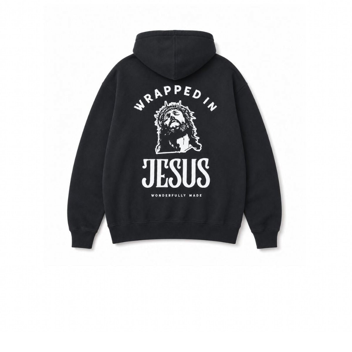 Black Crown of Thorns Christian hoodie with Jesus graphic and Wrapped In Jesus lettering