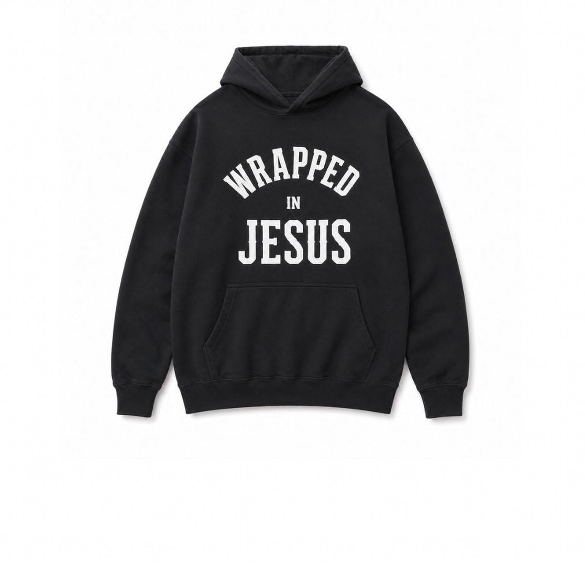 Black Wrapped In Jesus hoodie with bold logo