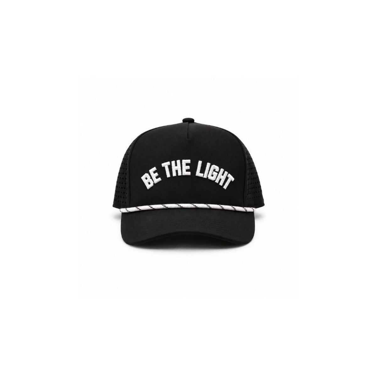 Black Be The Light Christian rope hat with white embroidery