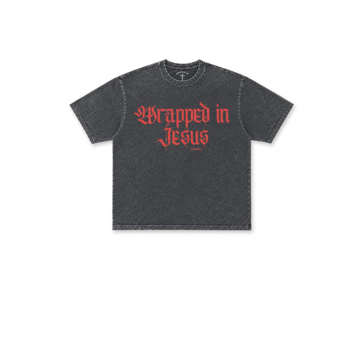 Acid wash Christian t-shirt with red Wrapped In Jesus Gothic logo