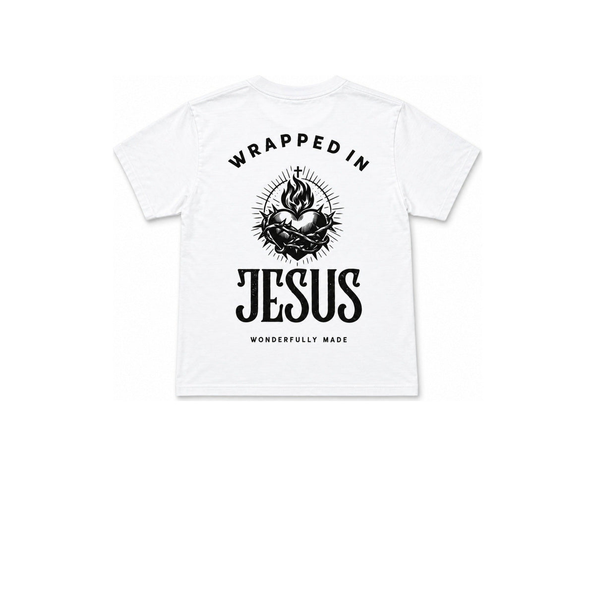 White Wrapped In Jesus tee with Sacred Heart graphic