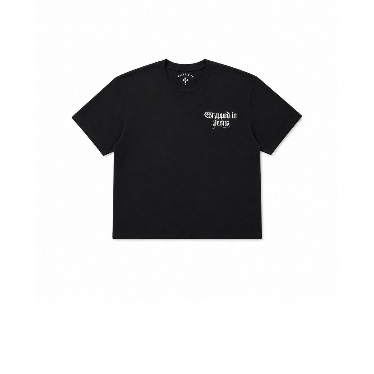 Black Christian t-shirt with Wrapped In Jesus angel chest logo
