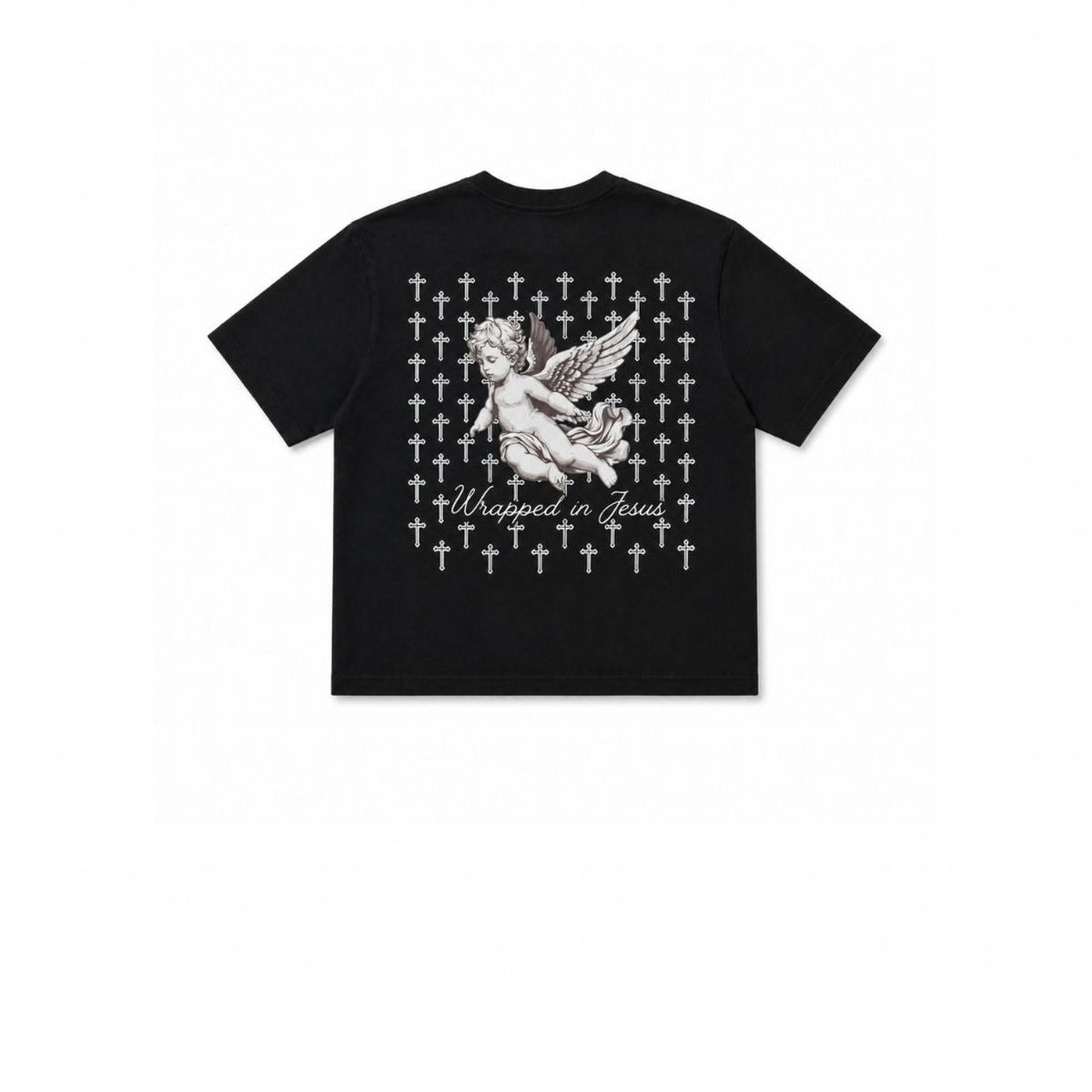 Black Angel tee with praying angel and cross pattern graphic