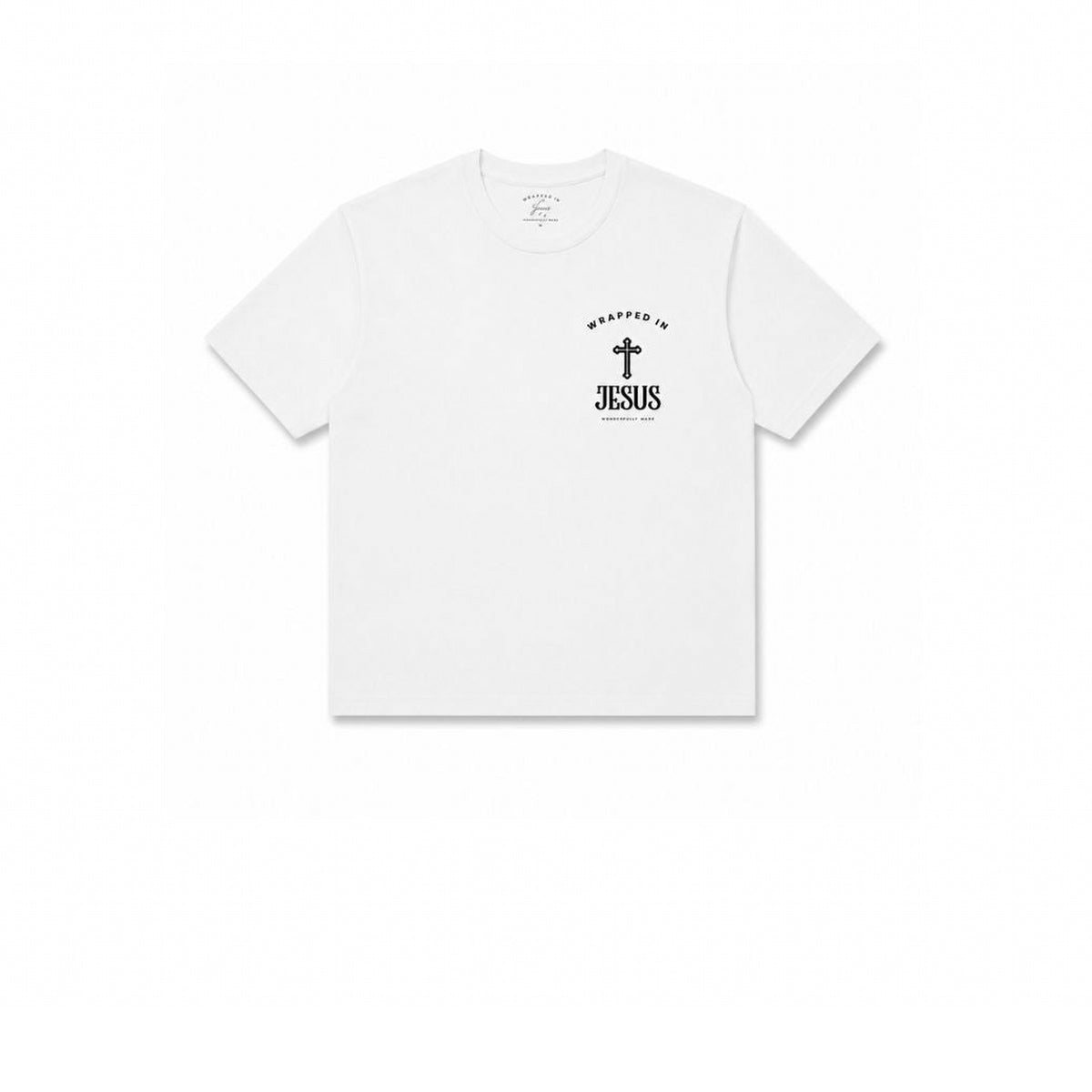 White Christian t-shirt with small Wrapped In Jesus cross chest logo