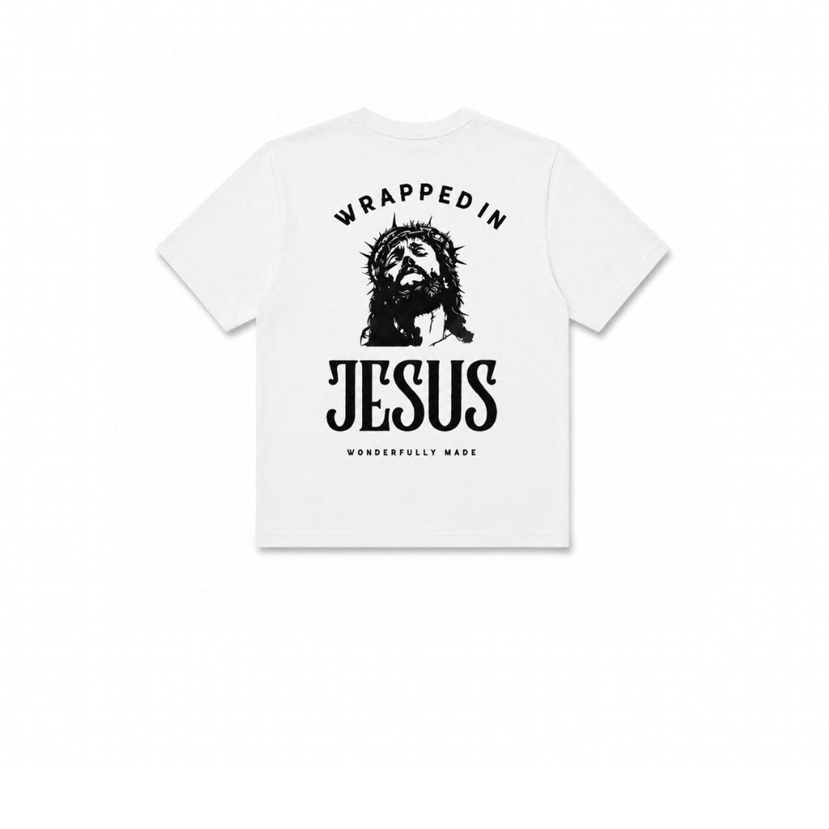 White Crown of Thorns Christian tee with Jesus graphic and Wrapped In Jesus lettering