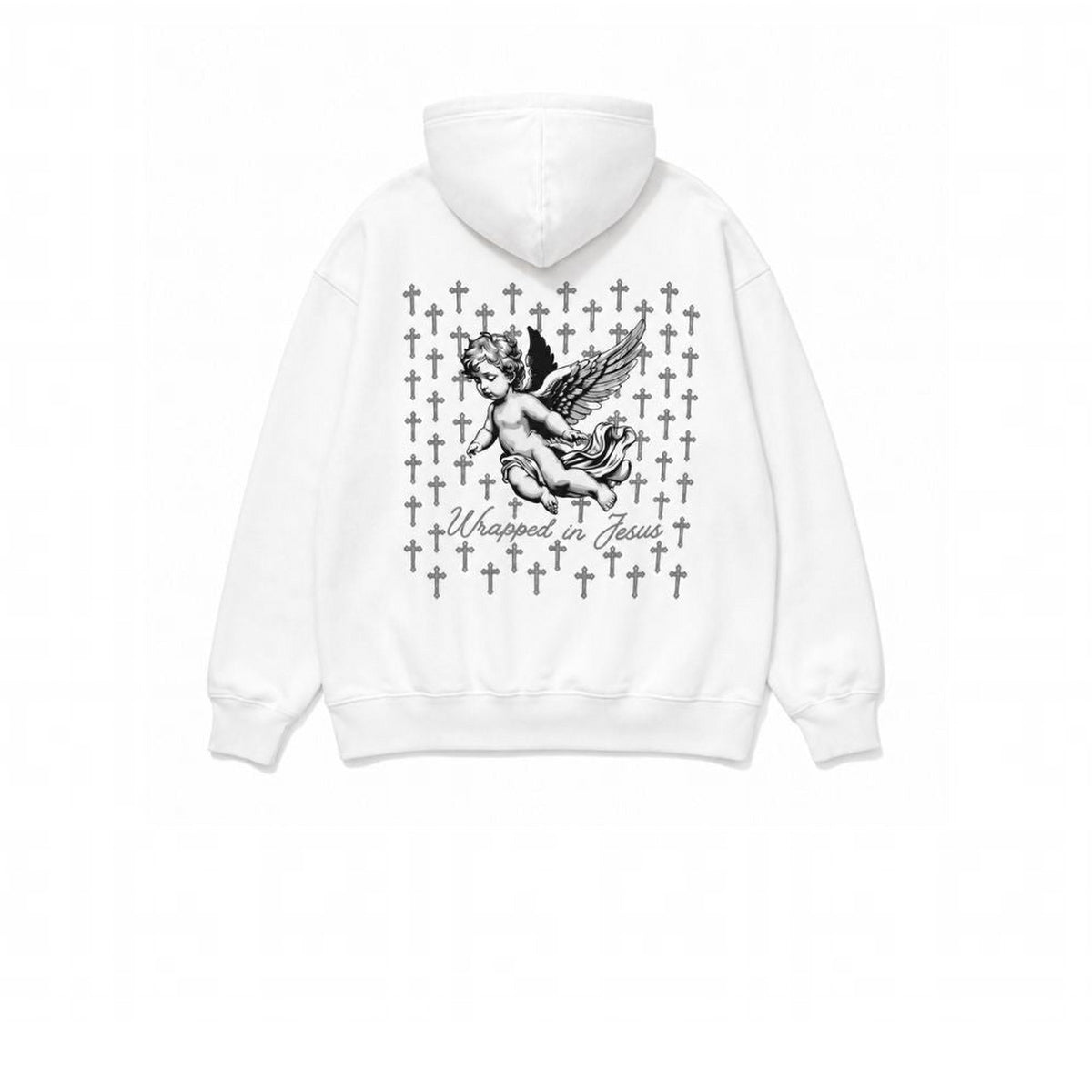 White Christian hoodie with praying angel and cross pattern graphic by Wrapped In Jesus