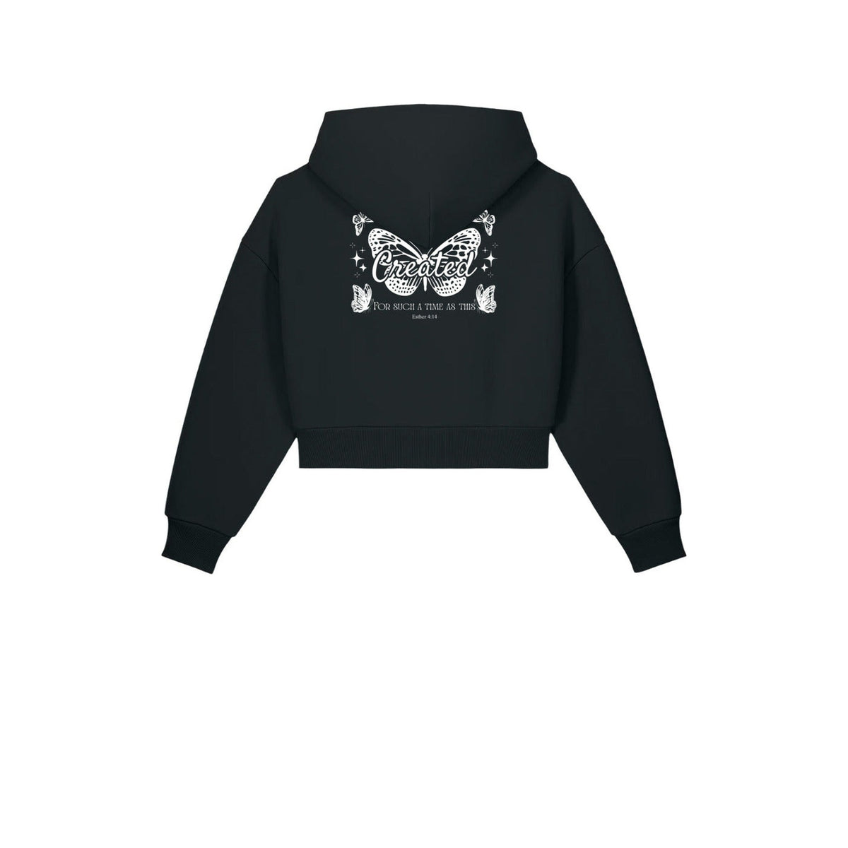 Black cropped zip-up hoodie back with Created butterfly and For Such a Time as This Esther 4:14
