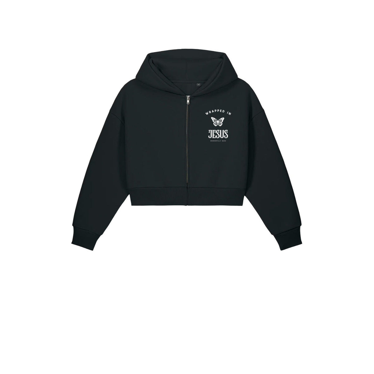 Black women's cropped zip-up hoodie front with Wrapped In Jesus butterfly chest logo