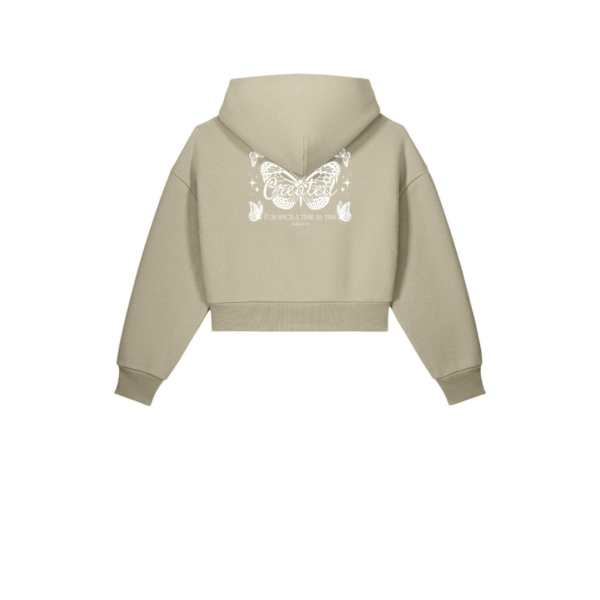 Stone cropped zip-up hoodie back with Created butterfly and For Such a Time as This Esther 4:14