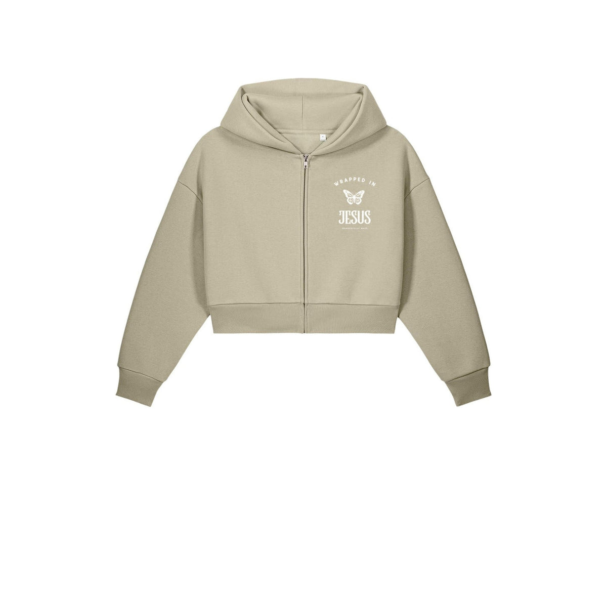 Stone women's cropped zip-up hoodie front with Wrapped In Jesus butterfly chest logo