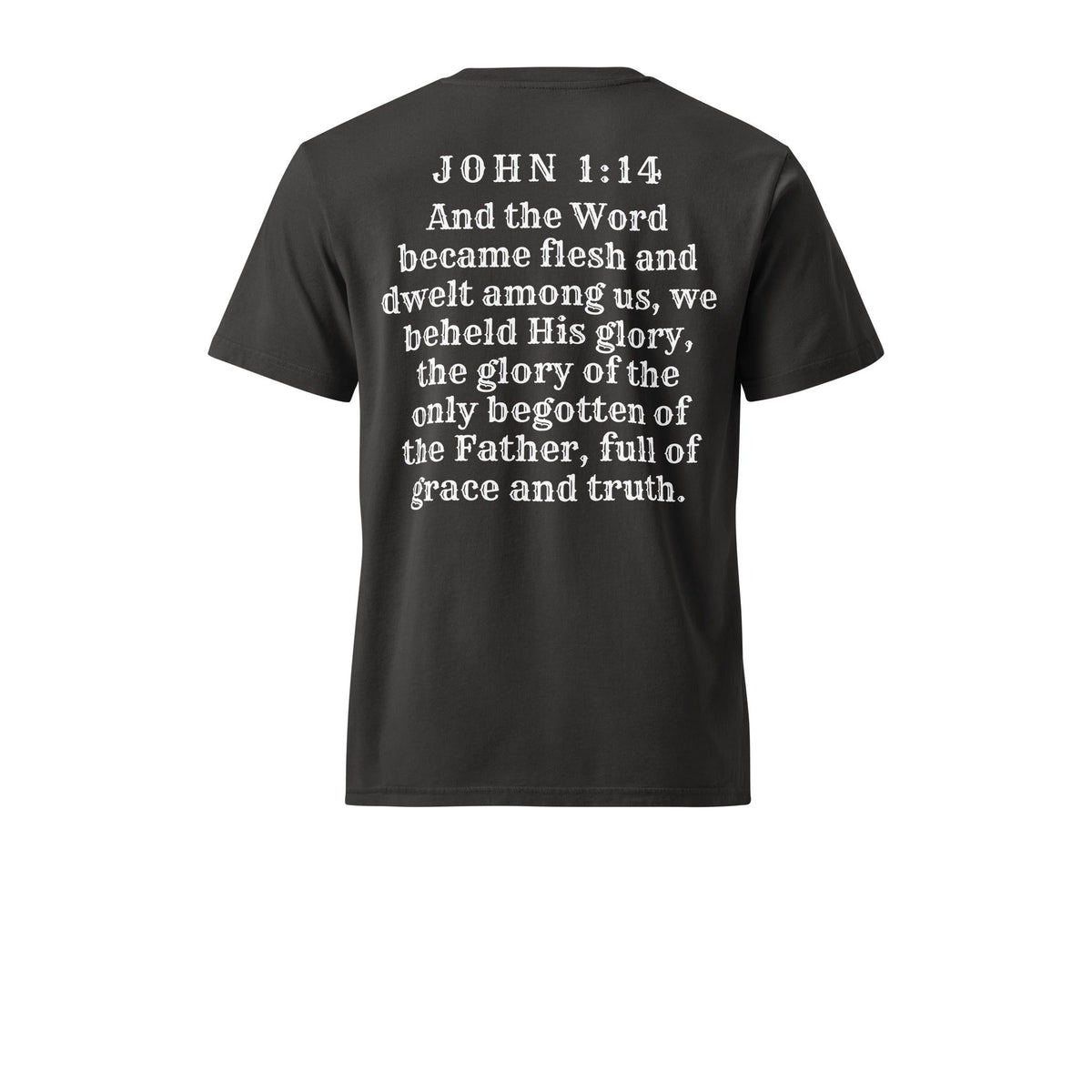 Black rock vintage tee back with John 1:14 verse
