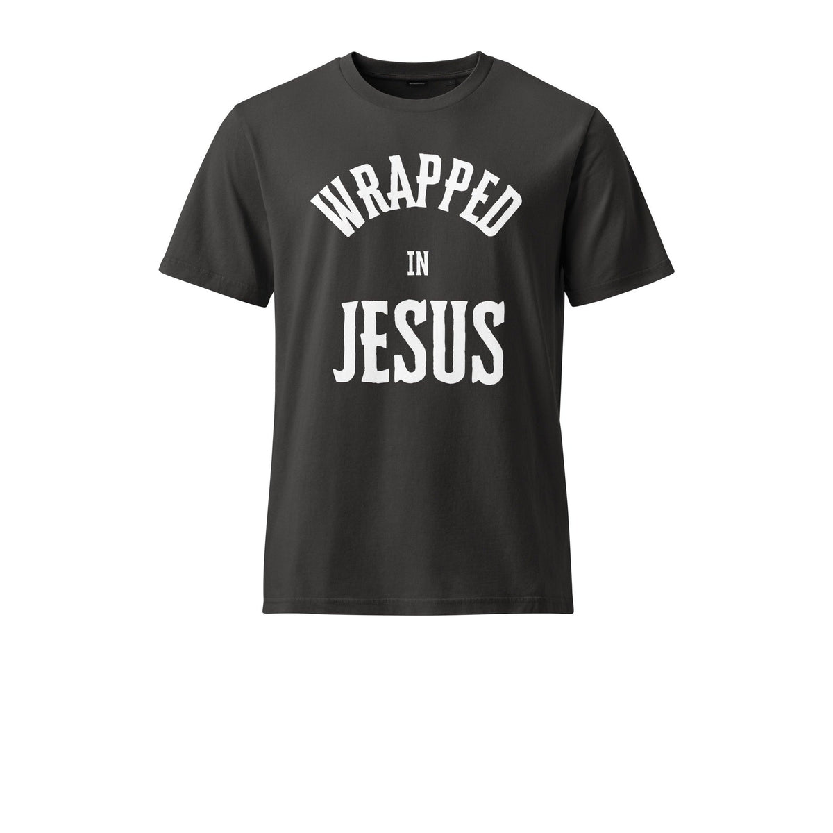 Black rock vintage Christian tee front with bold Wrapped In Jesus lettering