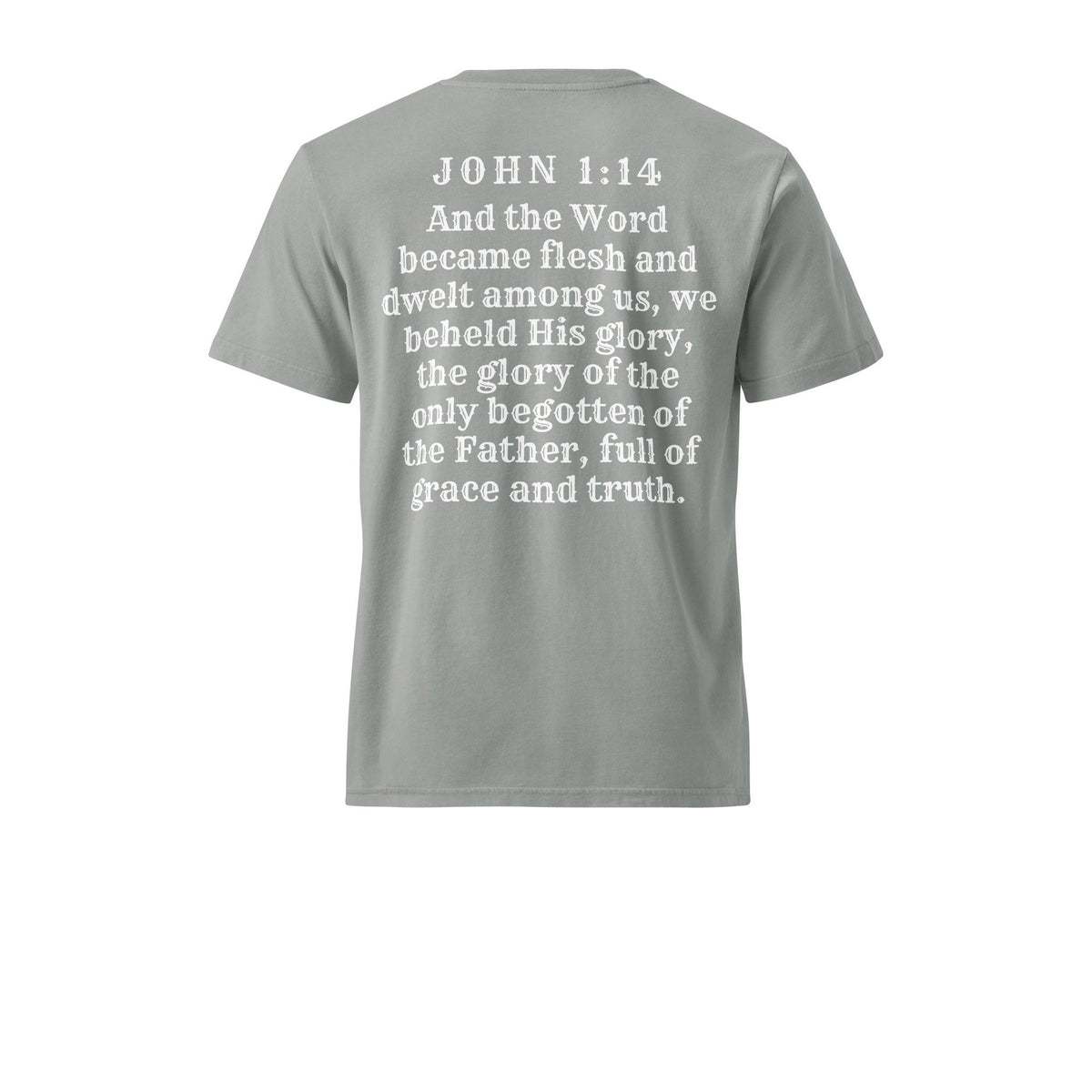 Misty grey vintage tee back with John 1:14 verse