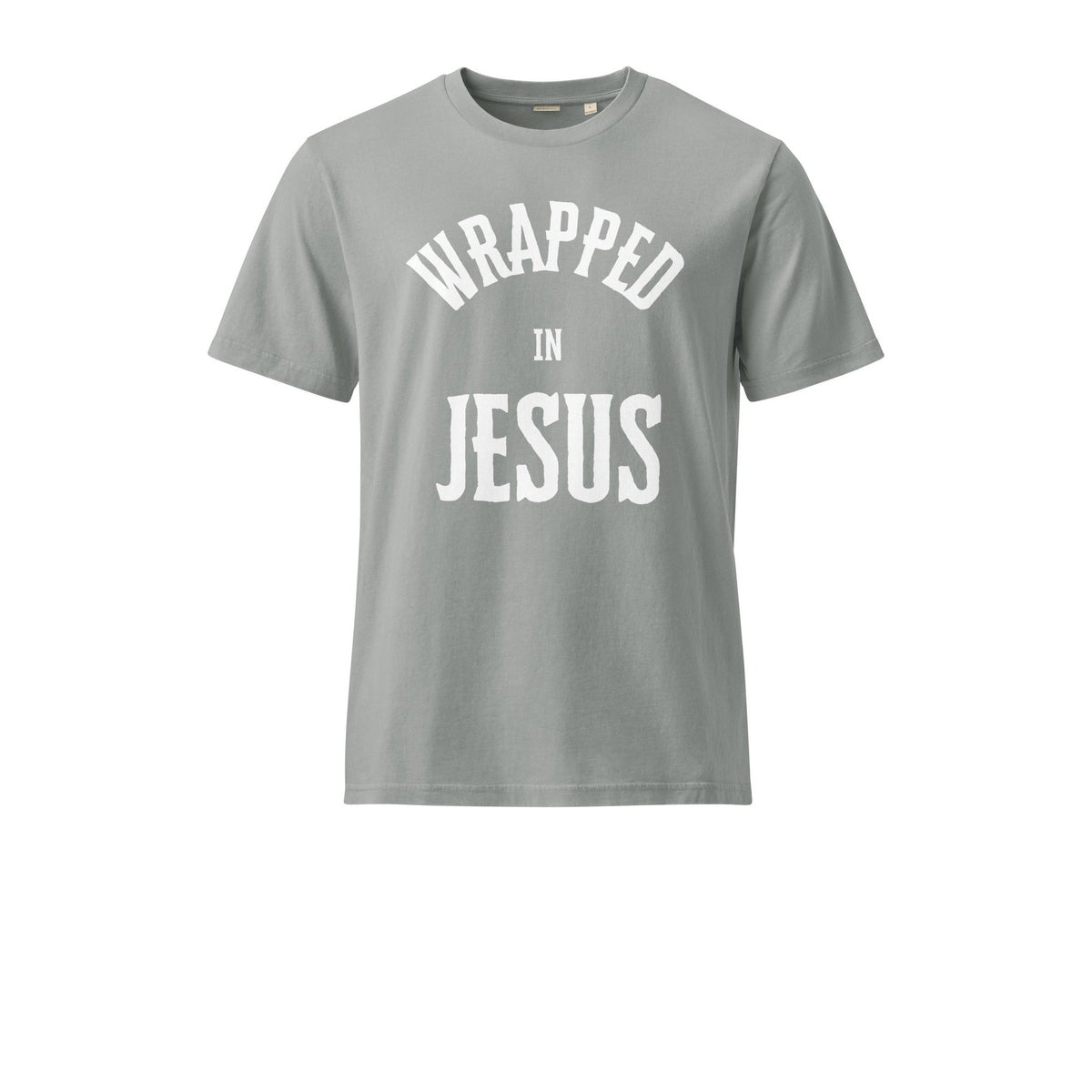 Misty grey vintage Christian tee front with bold Wrapped In Jesus lettering