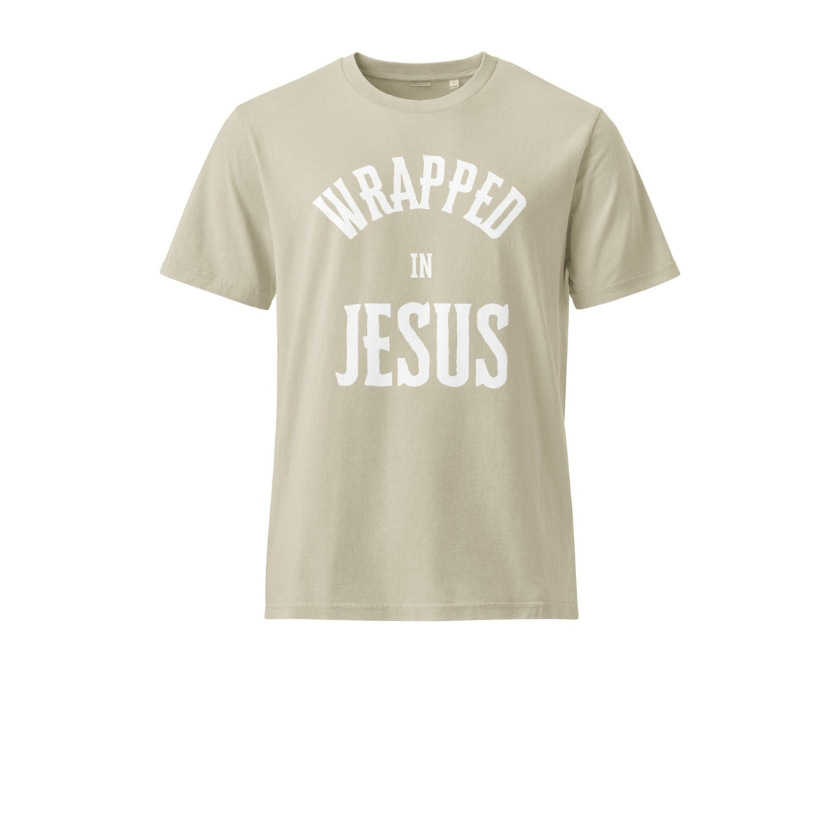Stone vintage Christian tee front with bold Wrapped In Jesus lettering