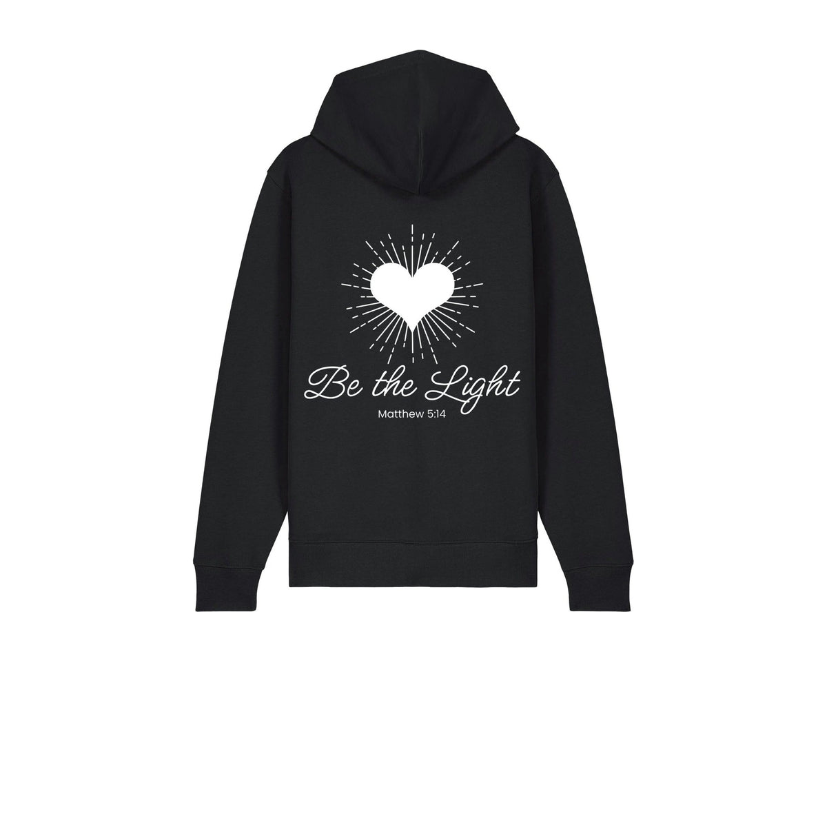 Black Christian zip-up hoodie back with radiant heart and Be the Light Matthew 5:14