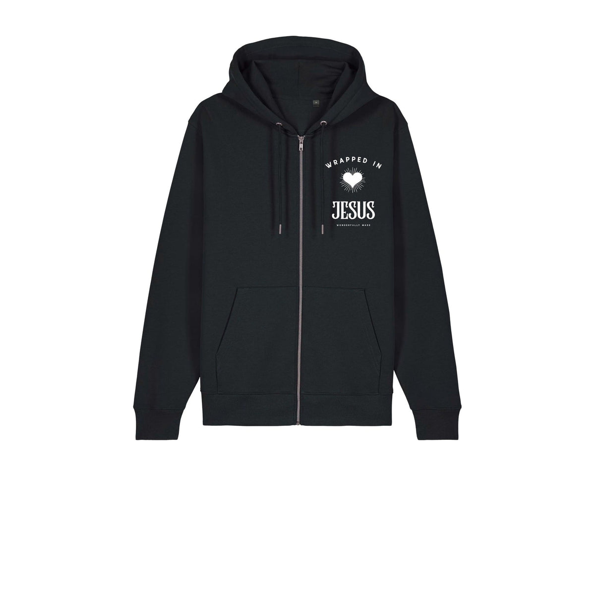 Black Be The Light zip-up hoodie front with Wrapped In Jesus heart chest logo
