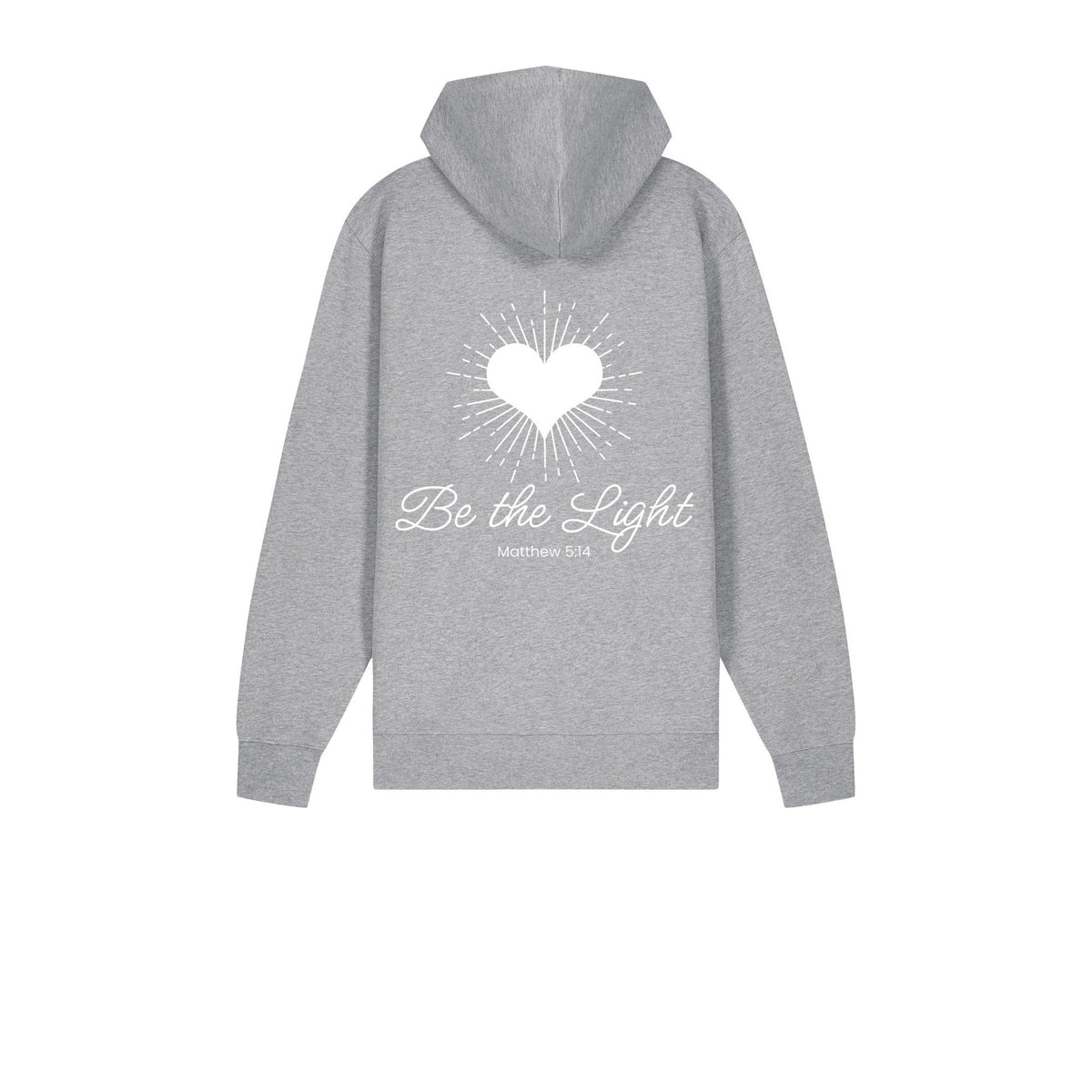 Heather grey Christian zip-up hoodie back with radiant heart and Be the Light Matthew 5:14