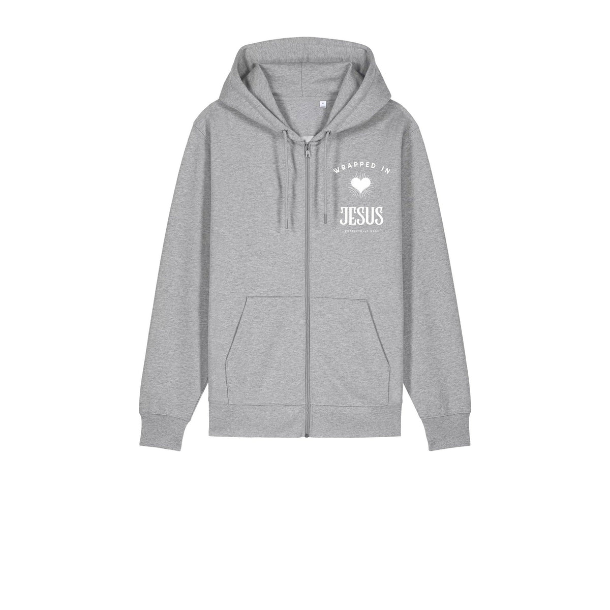 Heather grey Be The Light zip-up hoodie front with Wrapped In Jesus heart chest logo