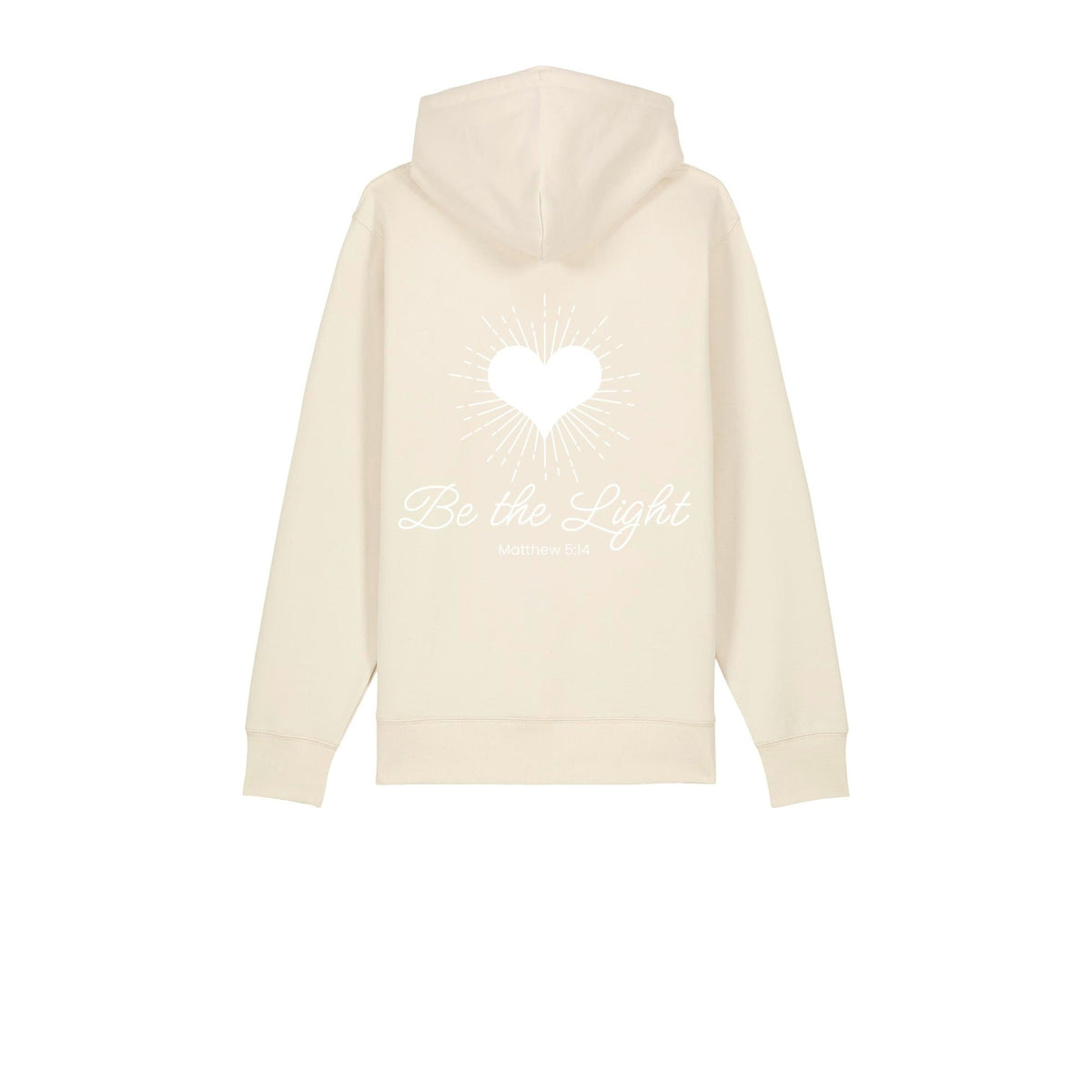 Natural raw Christian zip-up hoodie back with radiant heart and Be the Light Matthew 5:14