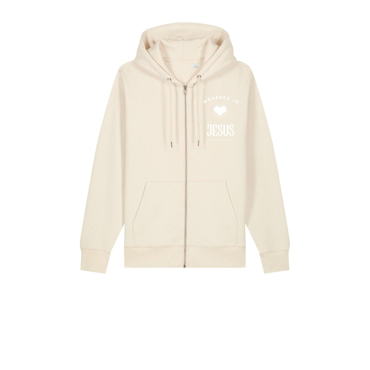 Natural raw Be The Light zip-up hoodie front with Wrapped In Jesus heart chest logo