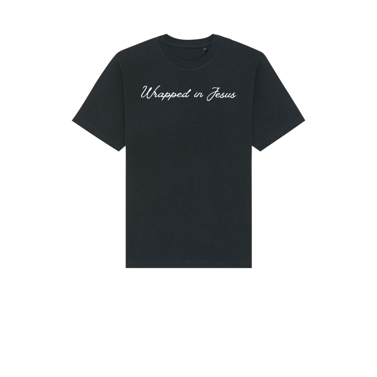 Black heavyweight Christian tee with white Wrapped in Jesus script across the chest