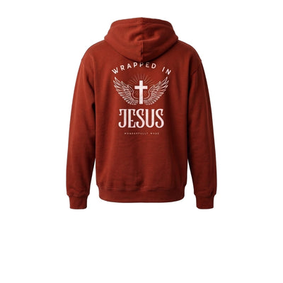 Paprika Wonderfully Made heavyweight hoodie, back, Wrapped In Jesus cross