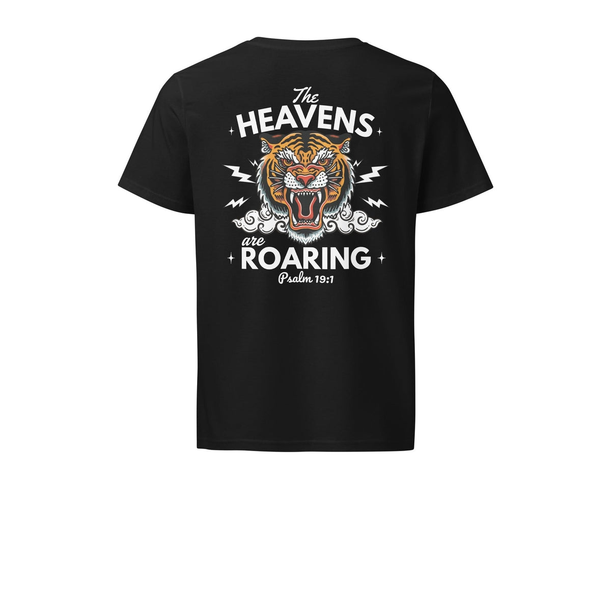 Black Christian tee back with The Heavens Are Roaring tiger and Psalm 19:1