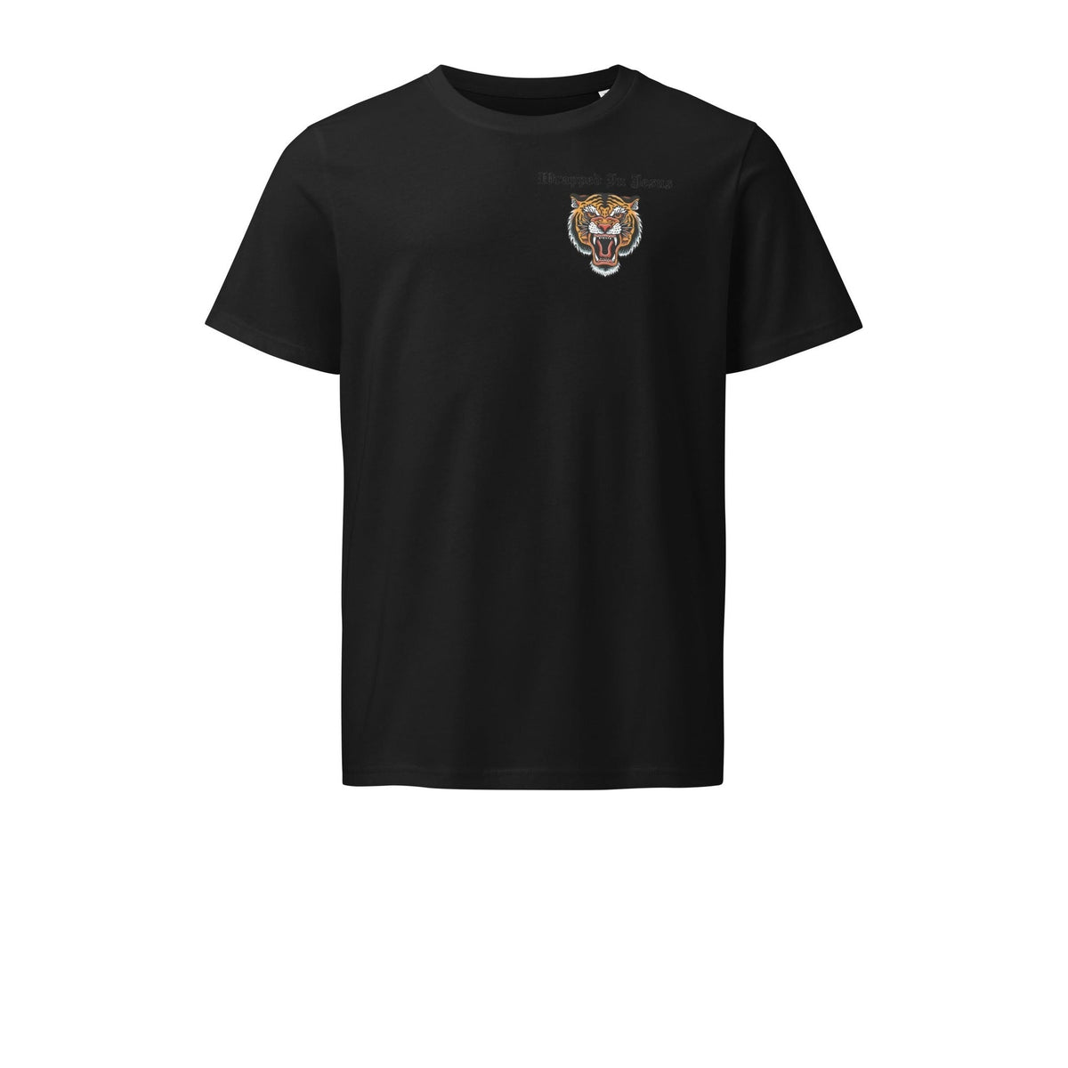 Black Wrapped In His Power tee front with tiger chest logo