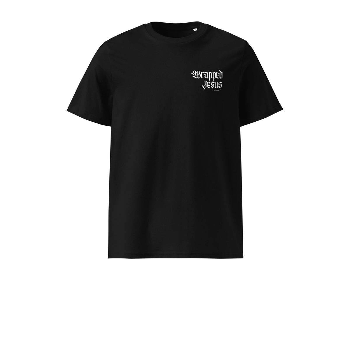 Black Risen tee front with Gothic Wrapped in Jesus chest script