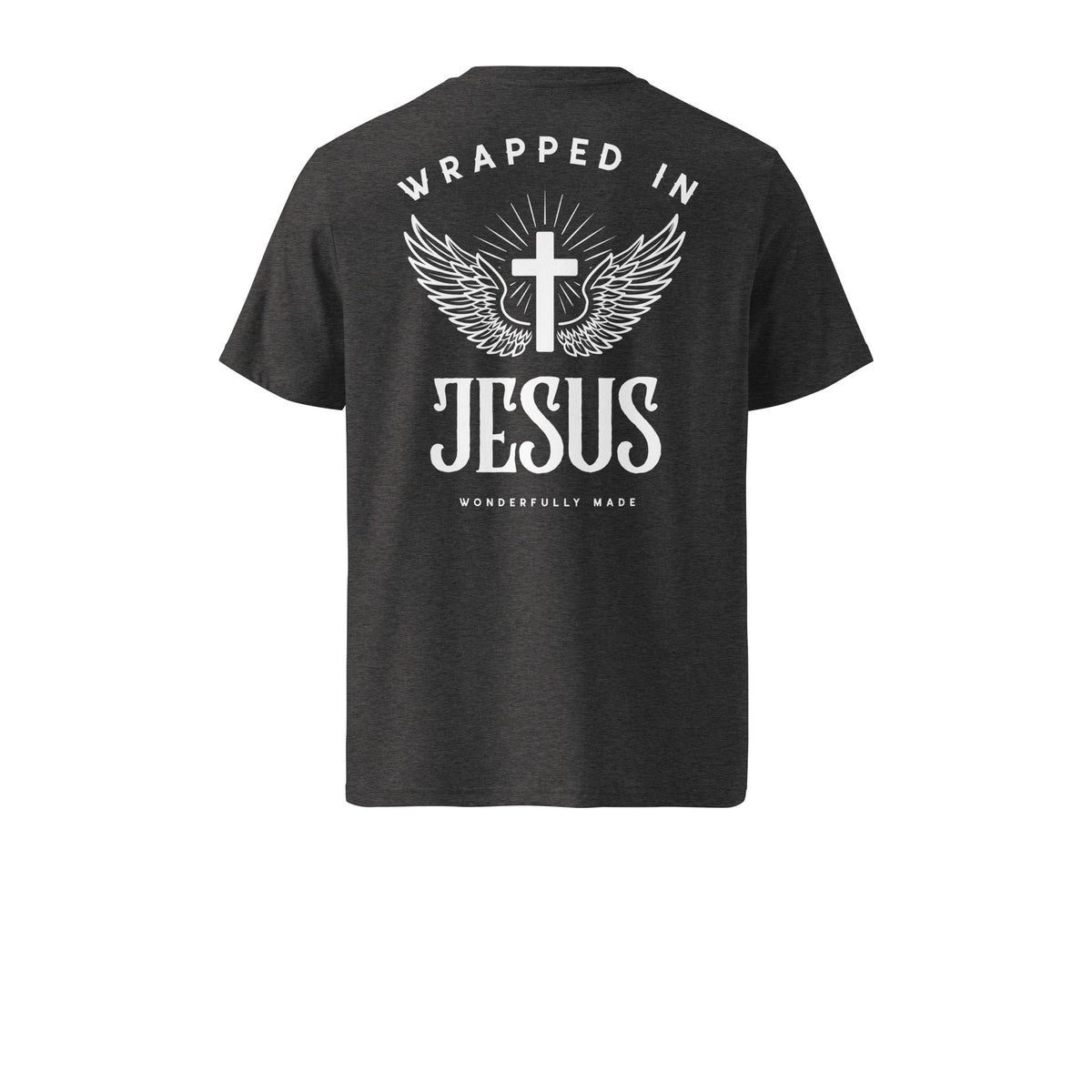 Dark heather grey Risen Christian tee back with winged cross, Wrapped In Jesus and Wonderfully Made