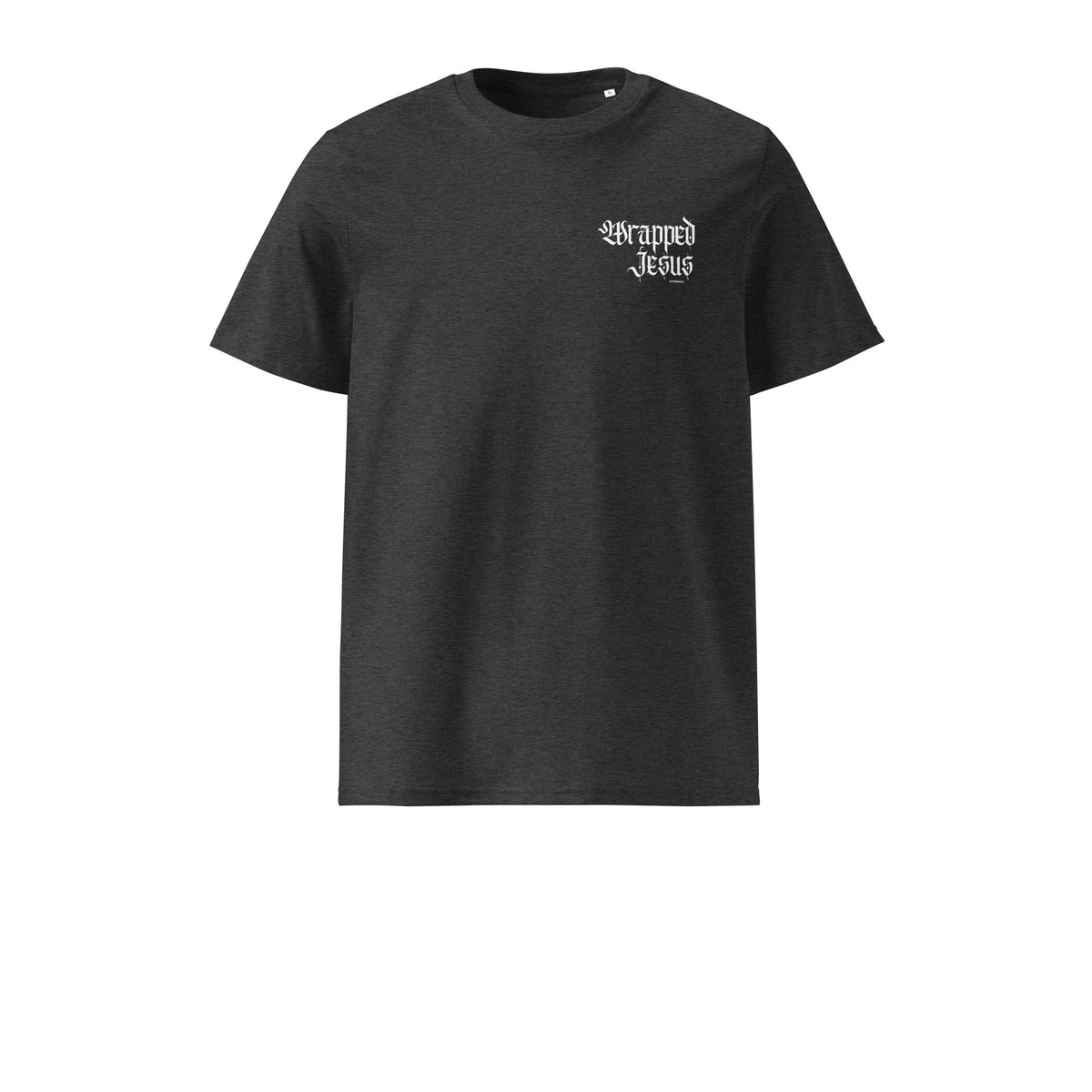 Dark heather grey Risen tee front with Gothic Wrapped in Jesus chest script