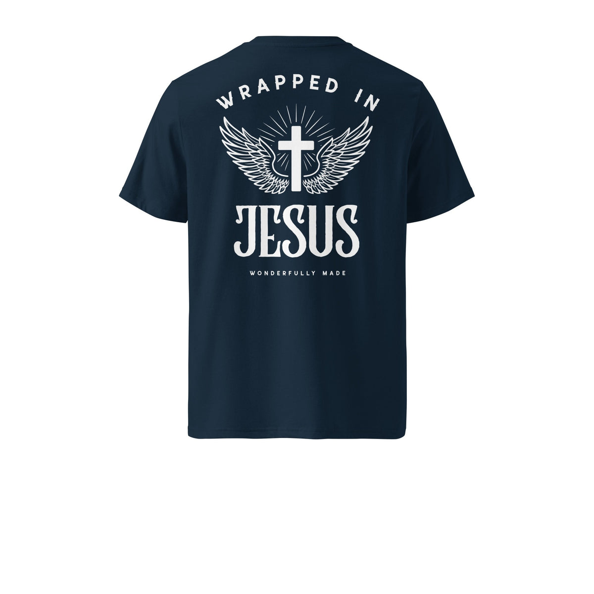 French navy Risen Christian tee back with winged cross, Wrapped In Jesus and Wonderfully Made