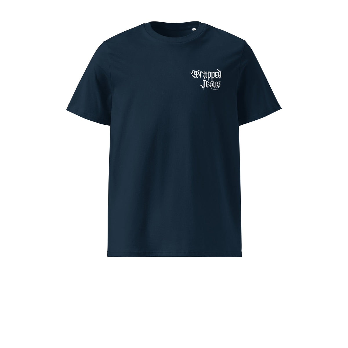 French navy Risen tee front with Gothic Wrapped in Jesus chest script