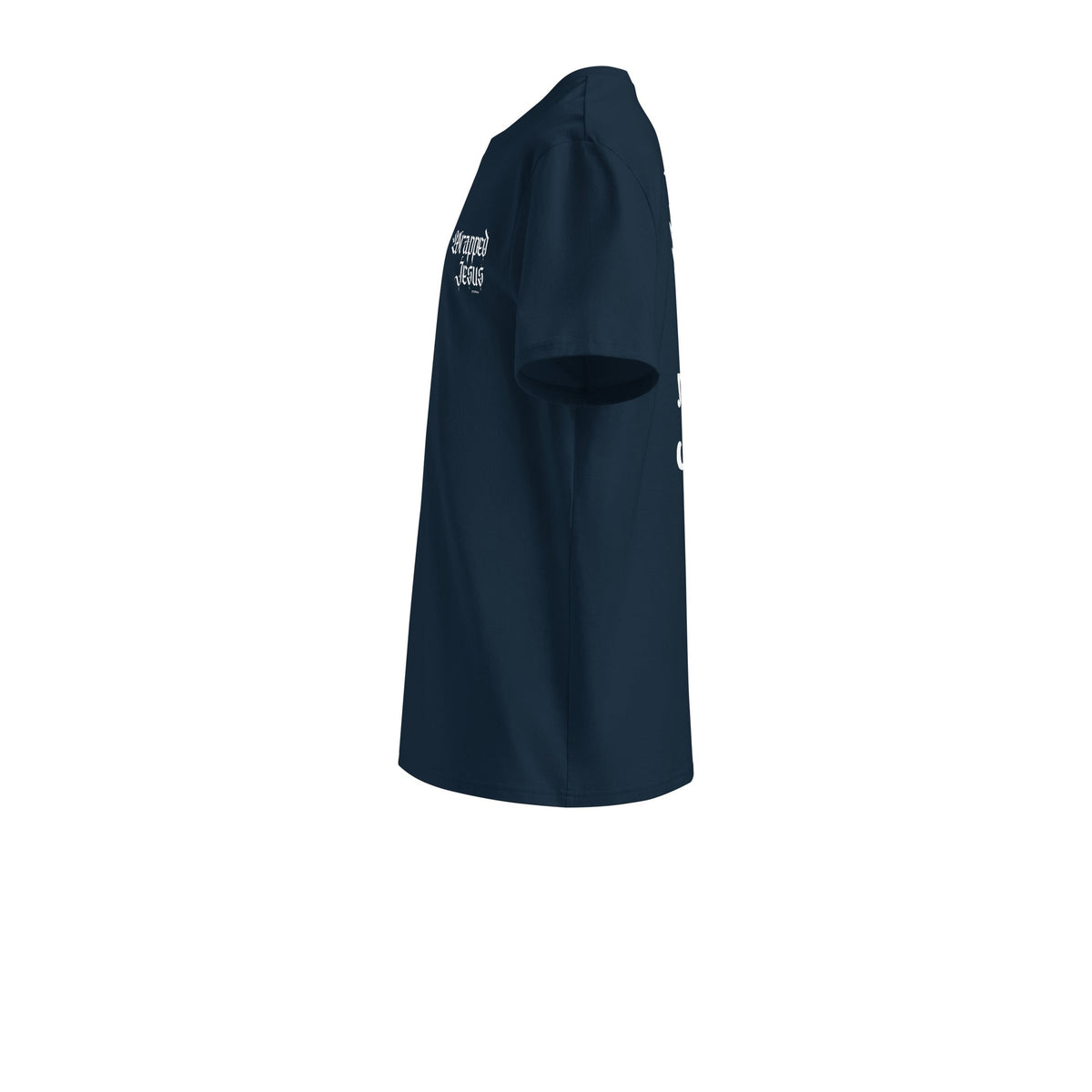 French navy Risen tee left side with Wrapped in Jesus sleeve print