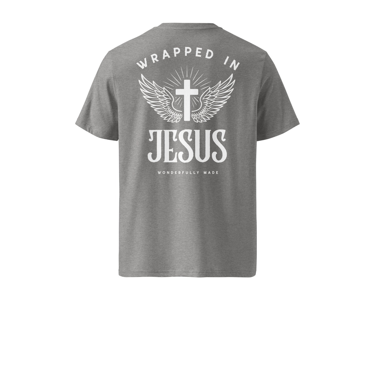 Heather grey Risen Christian tee back with winged cross, Wrapped In Jesus and Wonderfully Made